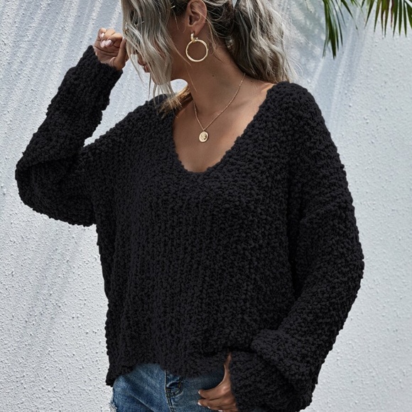 Black oversized popcorn off shoulder Knit Sweater - Picture 12 of 13